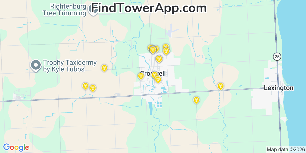Map showing the 20 primary cell tower locations detected in Croswell, Michigan from AT&T, Verizon, and T-Mobile networks