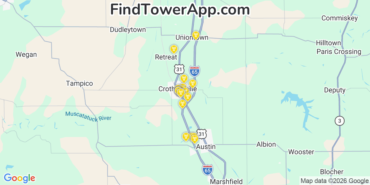 Map showing the 20 primary cell tower locations detected in Crothersville, Indiana from AT&T, Verizon, and T-Mobile networks