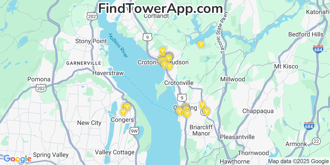 Map showing the 39 primary AT&T cell tower locations detected in Croton On Hudson, New York with coverage radius and signal strength indicators