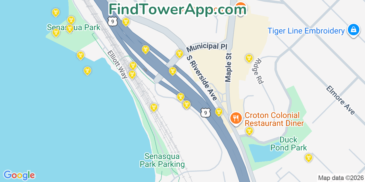 Map showing the 20 primary cell tower locations detected in Croton On Hudson, New York from AT&T, Verizon, and T-Mobile networks