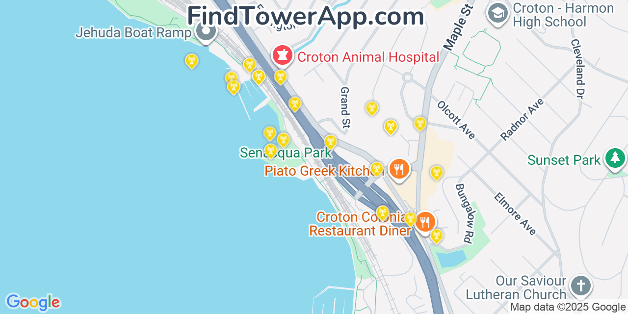 Map showing the 20 primary T-Mobile cell tower locations detected in Croton On Hudson, New York with coverage radius and signal strength indicators