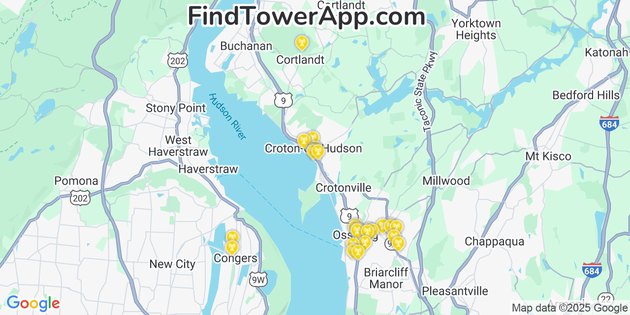 Map showing the 27 primary Verizon cell tower locations detected in Croton On Hudson, New York with coverage radius and signal strength indicators