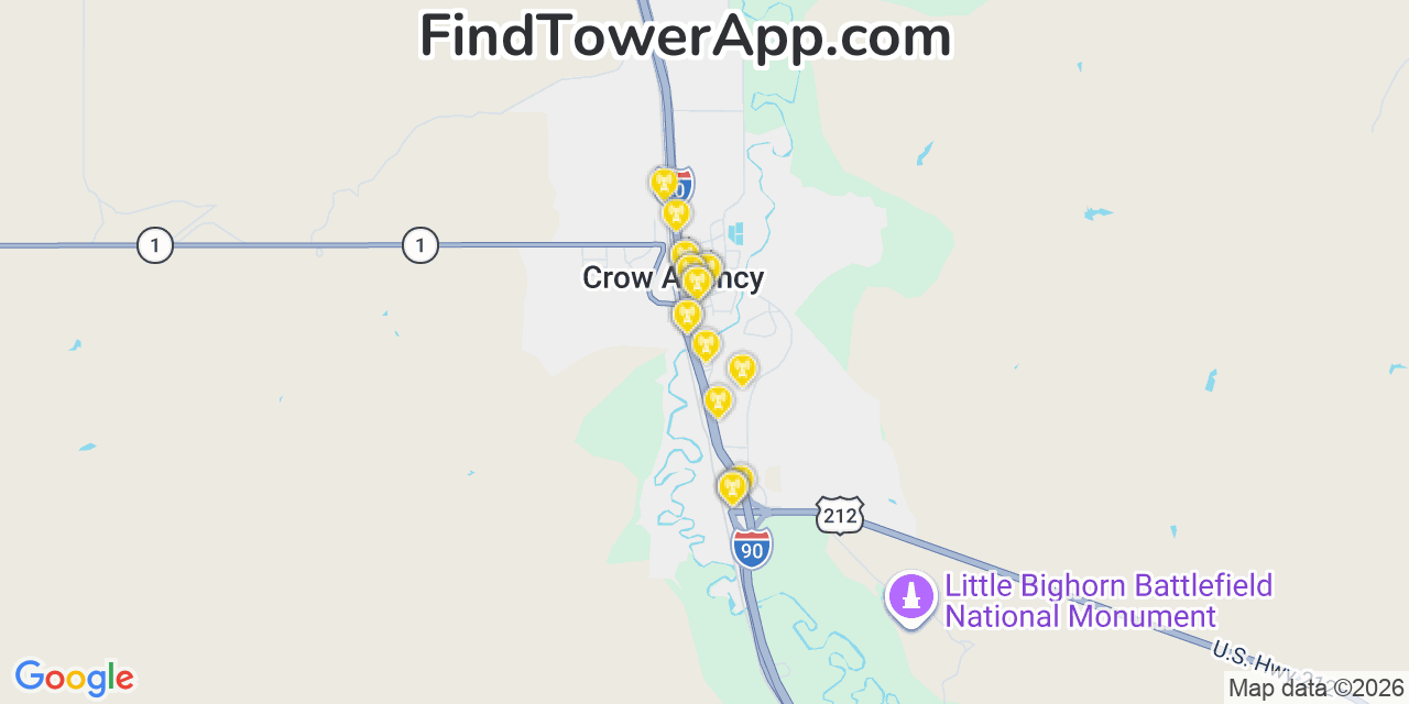 Map showing the 20 primary cell tower locations detected in Crow Agency, Montana from AT&T, Verizon, and T-Mobile networks