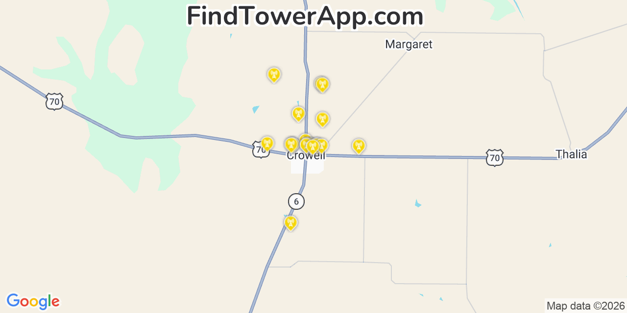 Map showing the 20 primary cell tower locations detected in Crowell, Texas from AT&T, Verizon, and T-Mobile networks