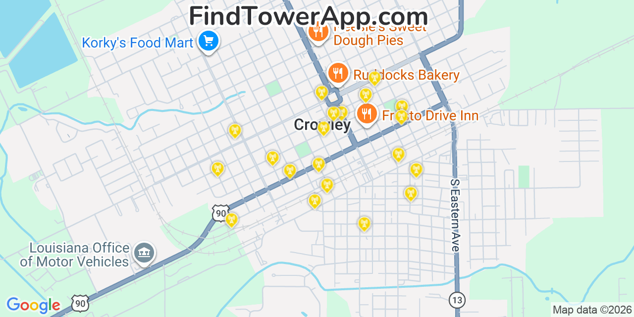 Map showing the 20 primary cell tower locations detected in Crowley, Louisiana from AT&T, Verizon, and T-Mobile networks