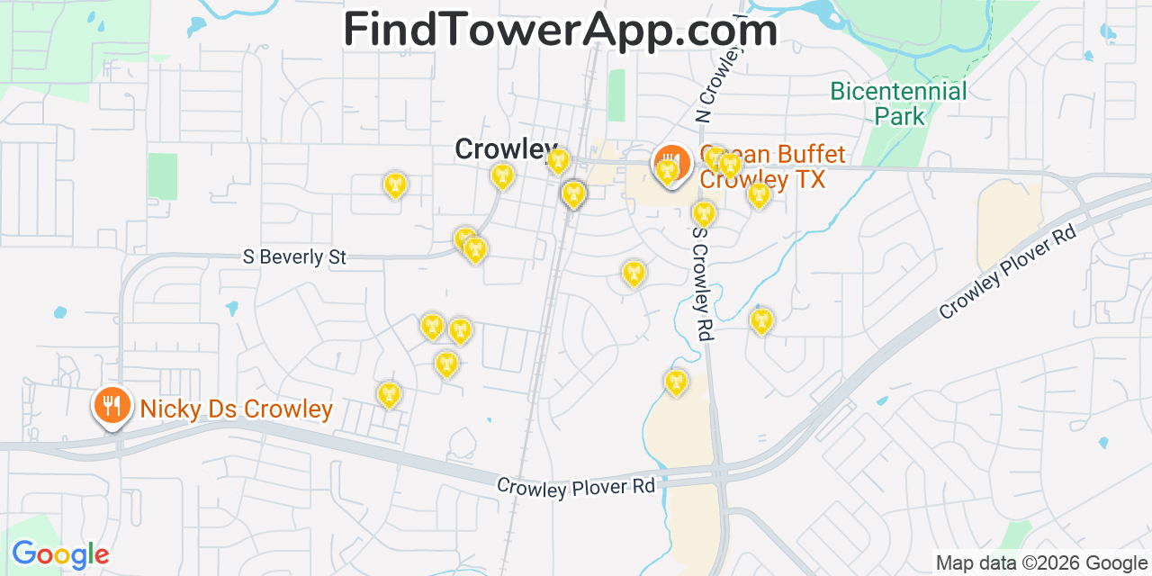 Map showing the 20 primary cell tower locations detected in Crowley, Texas from AT&T, Verizon, and T-Mobile networks