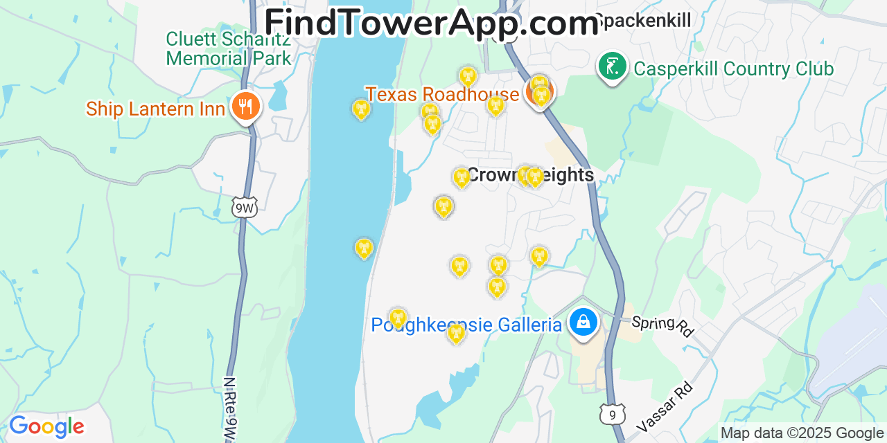 Map showing the 20 primary cell tower locations detected in Crown Heights, New York from AT&T, Verizon, and T-Mobile networks