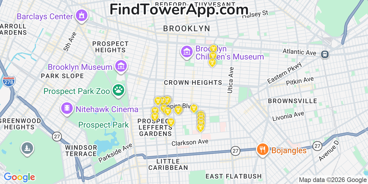 Map showing the 20 primary cell tower locations detected in Crown Heights, New York from AT&T, Verizon, and T-Mobile networks