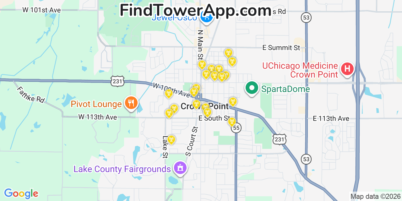 Map showing the 20 primary cell tower locations detected in Crown Point, Indiana from AT&T, Verizon, and T-Mobile networks