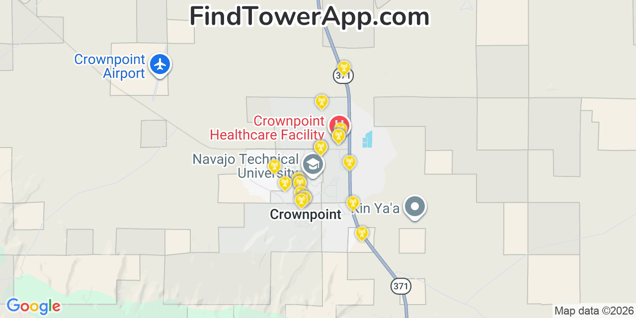 Map showing the 20 primary cell tower locations detected in Crownpoint, New Mexico from AT&T, Verizon, and T-Mobile networks