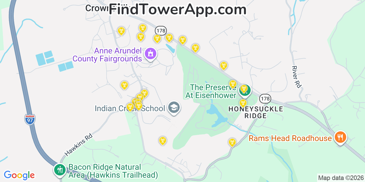 Map showing the 20 primary cell tower locations detected in Crownsville, Maryland from AT&T, Verizon, and T-Mobile networks