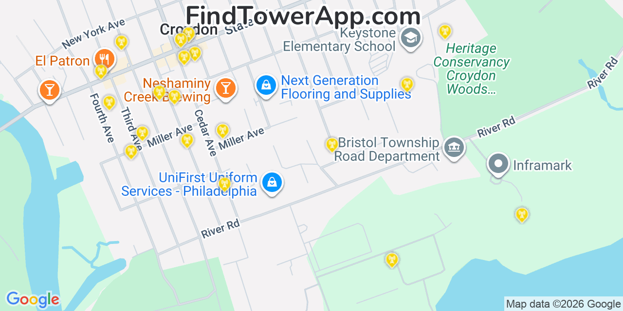 Map showing the 20 primary cell tower locations detected in Croydon, Pennsylvania from AT&T, Verizon, and T-Mobile networks