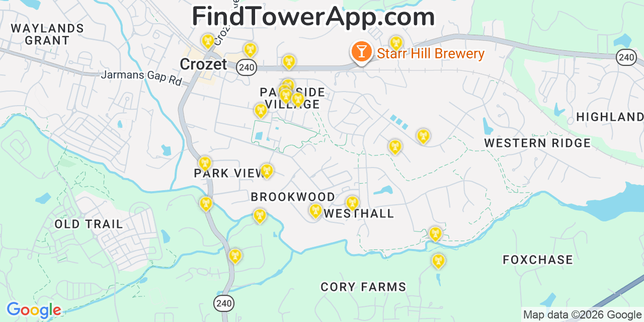 Map showing the 20 primary cell tower locations detected in Crozet, Virginia from AT&T, Verizon, and T-Mobile networks