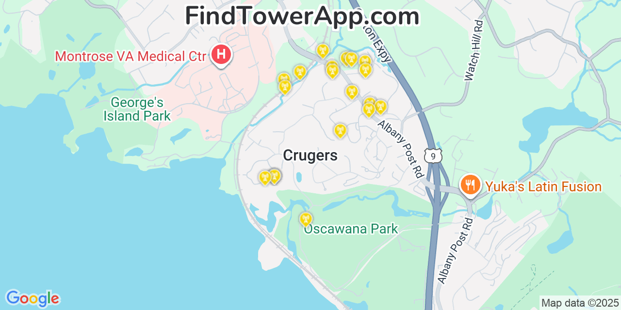 Map showing the 20 primary cell tower locations detected in Crugers, New York from AT&T, Verizon, and T-Mobile networks