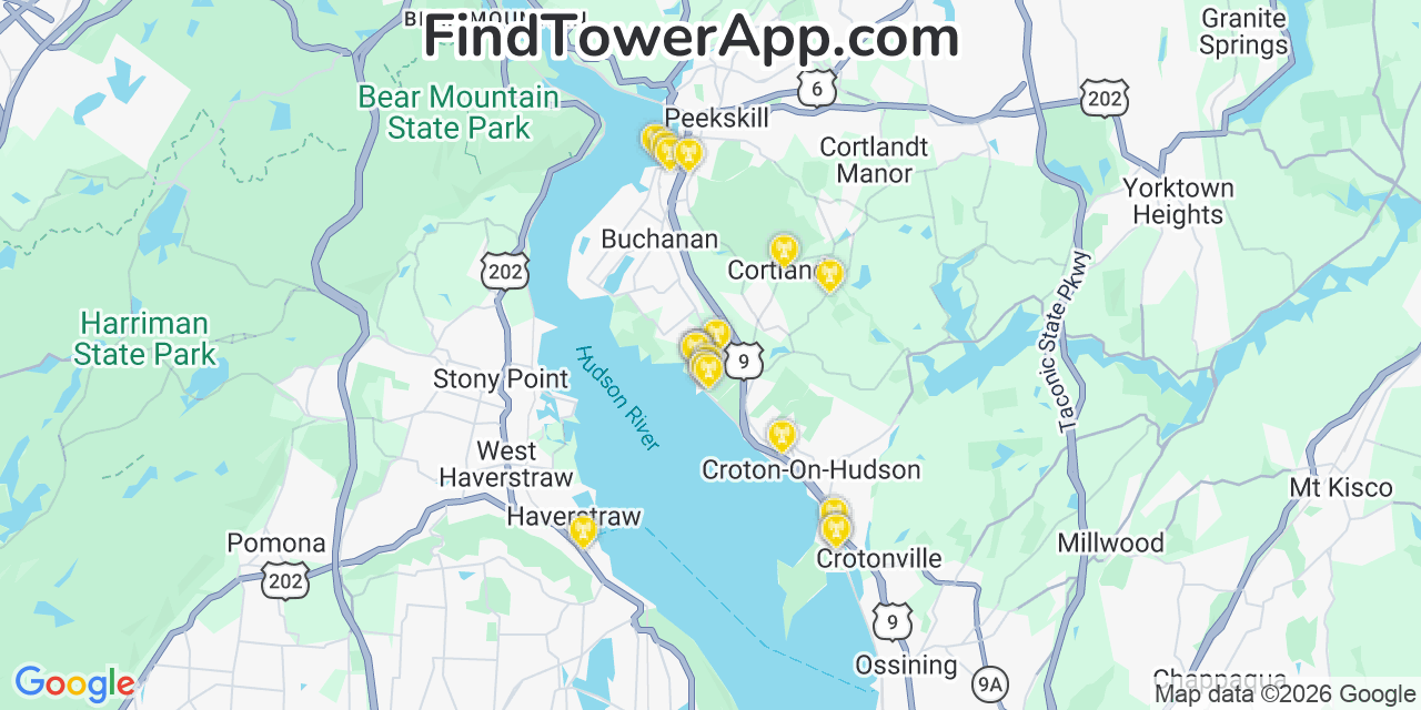 Map showing the 20 primary cell tower locations detected in Crugers, New York from AT&T, Verizon, and T-Mobile networks