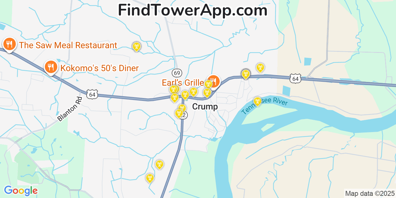 Map showing the 20 primary cell tower locations detected in Crump, Tennessee from AT&T, Verizon, and T-Mobile networks