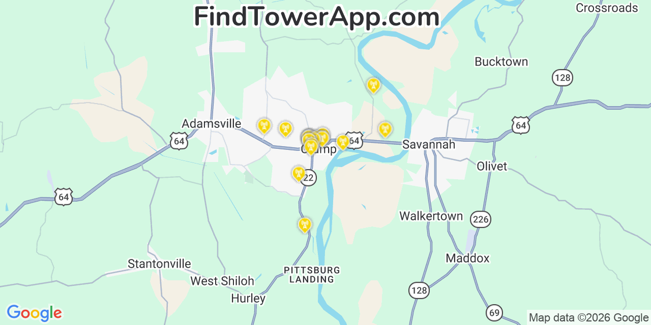 Map showing the 20 primary cell tower locations detected in Crump, Tennessee from AT&T, Verizon, and T-Mobile networks
