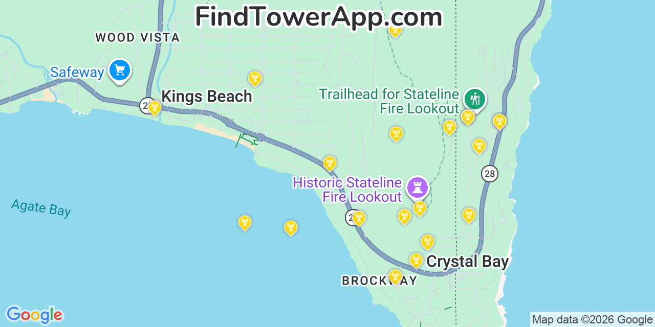 Map showing the 20 primary cell tower locations detected in Crystal Bay, Nevada from AT&T, Verizon, and T-Mobile networks