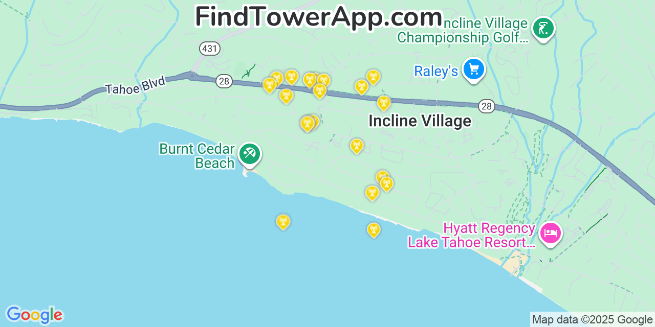 Map showing the 20 primary T-Mobile cell tower locations detected in Crystal Bay, Nevada with coverage radius and signal strength indicators