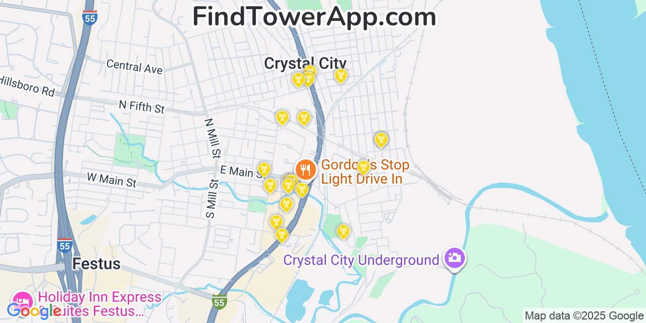 Map showing the 20 primary cell tower locations detected in Crystal City, Missouri from AT&T, Verizon, and T-Mobile networks