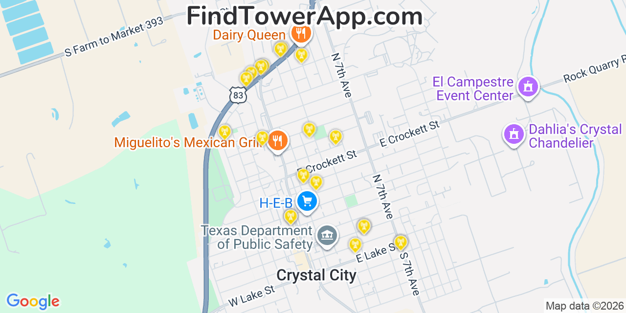 Map showing the 20 primary cell tower locations detected in Crystal City, Texas from AT&T, Verizon, and T-Mobile networks