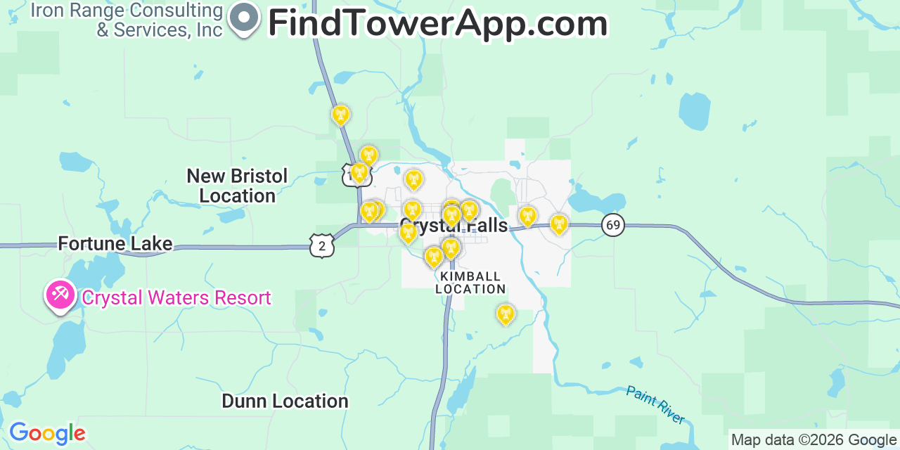 Map showing the 20 primary cell tower locations detected in Crystal Falls, Michigan from AT&T, Verizon, and T-Mobile networks