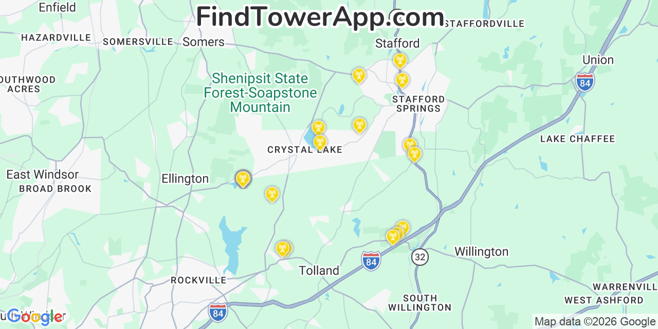 Map showing the 20 primary cell tower locations detected in Crystal Lake, Connecticut from AT&T, Verizon, and T-Mobile networks