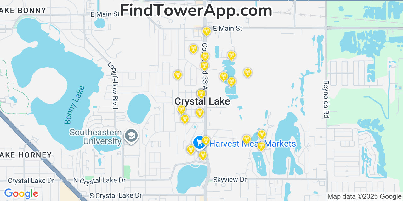 Map showing the 20 primary cell tower locations detected in Crystal Lake, Florida from AT&T, Verizon, and T-Mobile networks