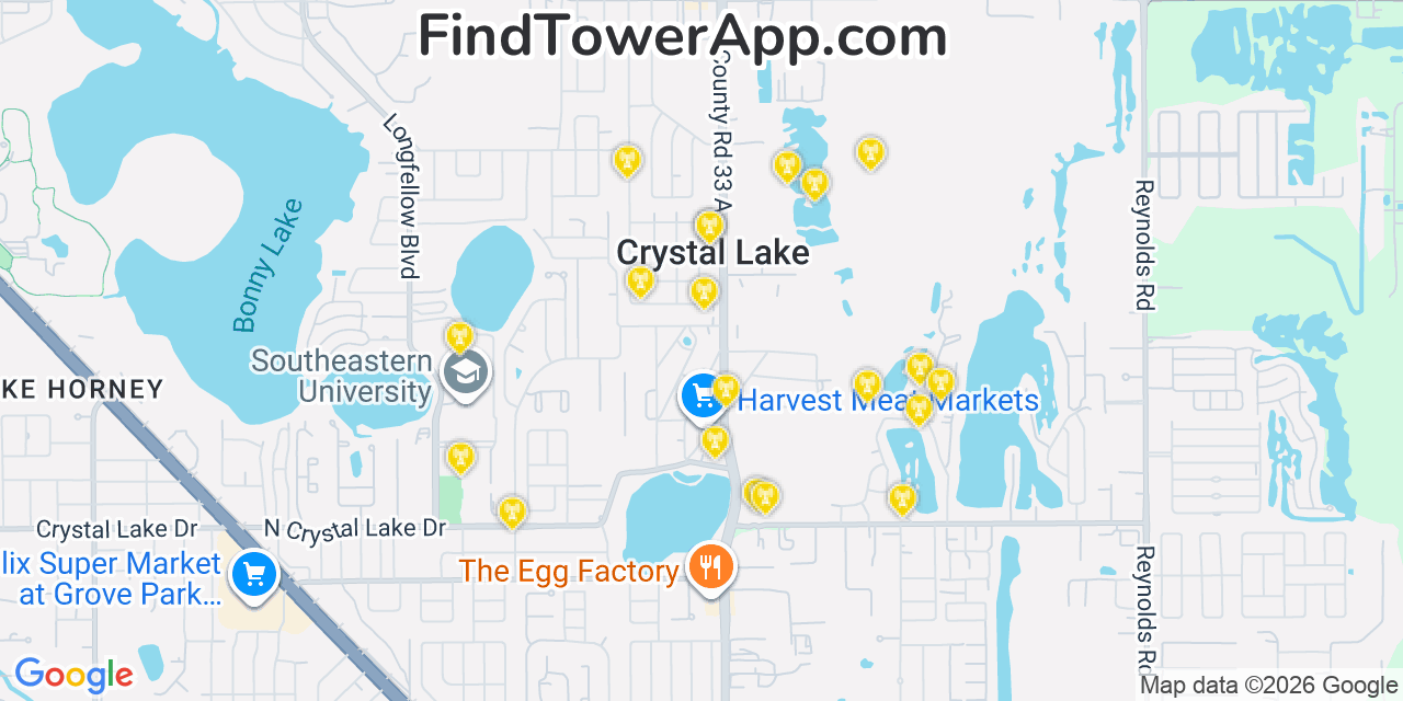 Map showing the 20 primary cell tower locations detected in Crystal Lake, Florida from AT&T, Verizon, and T-Mobile networks