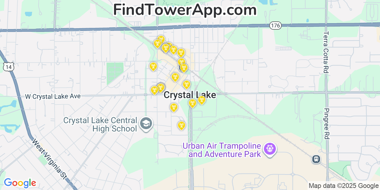 Map showing the 20 primary cell tower locations detected in Crystal Lake, Illinois from AT&T, Verizon, and T-Mobile networks