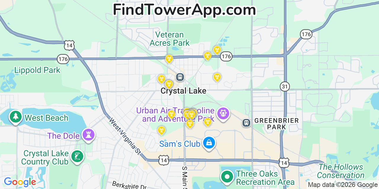 Map showing the 20 primary cell tower locations detected in Crystal Lake, Illinois from AT&T, Verizon, and T-Mobile networks