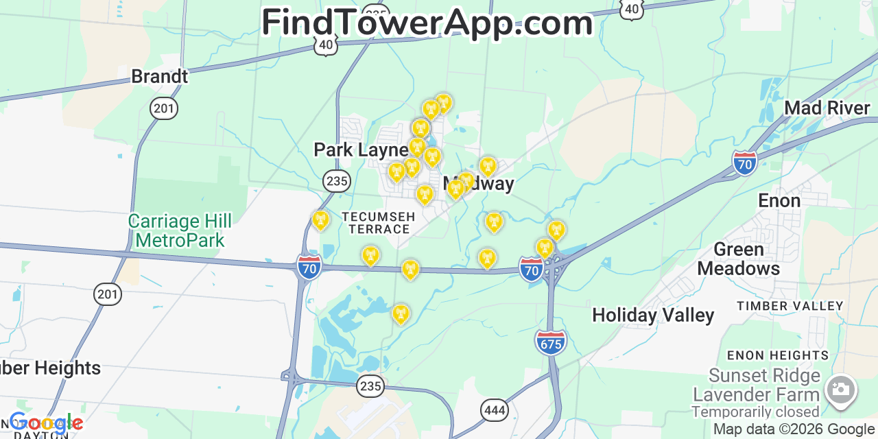 Map showing the 20 primary cell tower locations detected in Crystal Lakes, Ohio from AT&T, Verizon, and T-Mobile networks