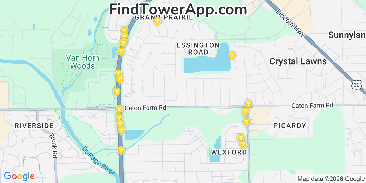 Map showing the 20 primary cell tower locations detected in Crystal Lawns, Illinois from AT&T, Verizon, and T-Mobile networks