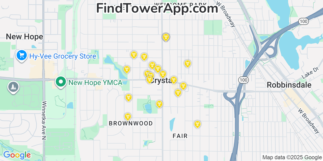 Map showing the 20 primary cell tower locations detected in Crystal, Minnesota from AT&T, Verizon, and T-Mobile networks