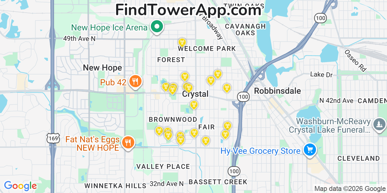 Map showing the 20 primary cell tower locations detected in Crystal, Minnesota from AT&T, Verizon, and T-Mobile networks