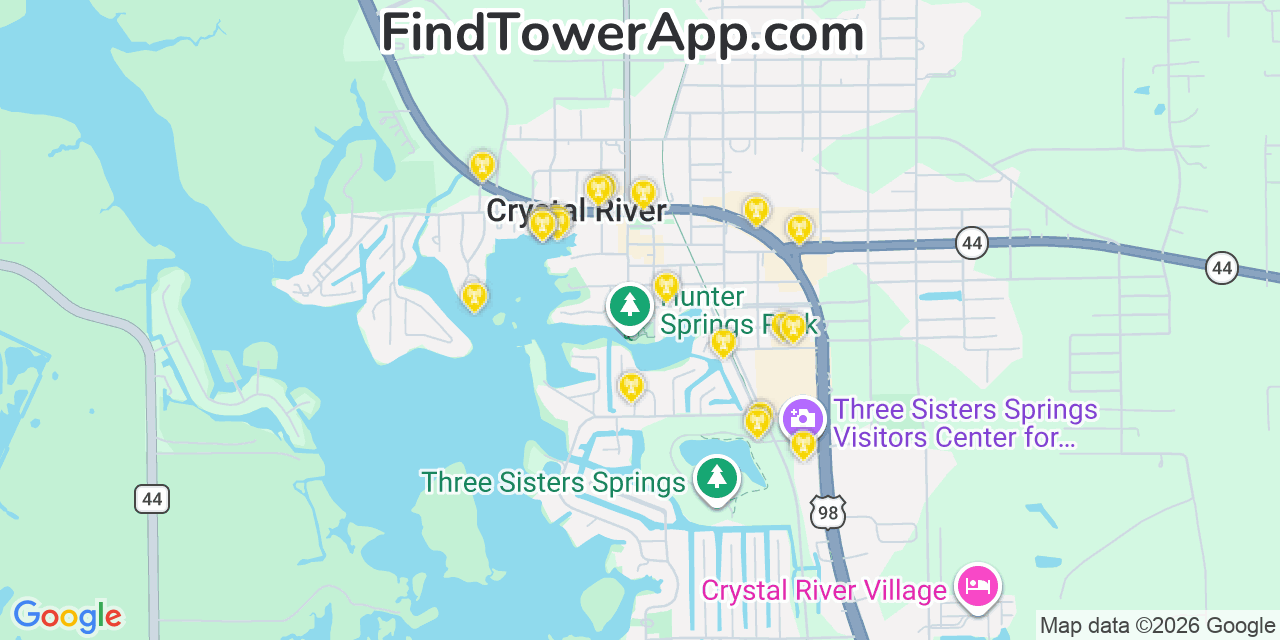 Map showing the 20 primary cell tower locations detected in Crystal River, Florida from AT&T, Verizon, and T-Mobile networks