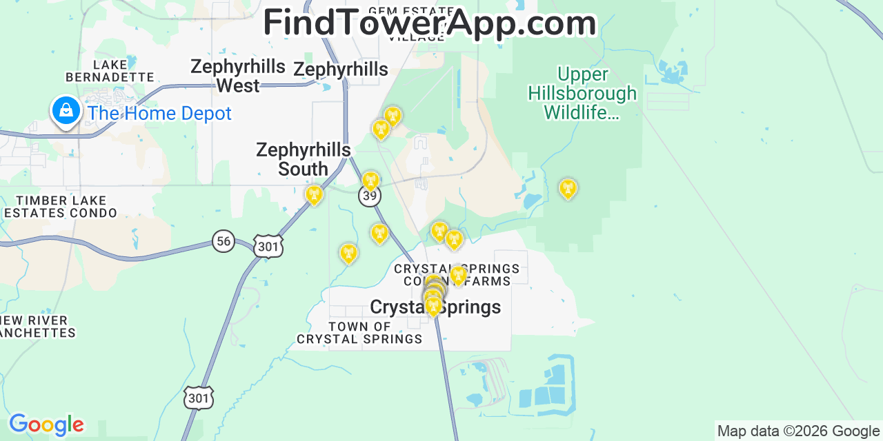 Map showing the 20 primary cell tower locations detected in Crystal Springs, Florida from AT&T, Verizon, and T-Mobile networks