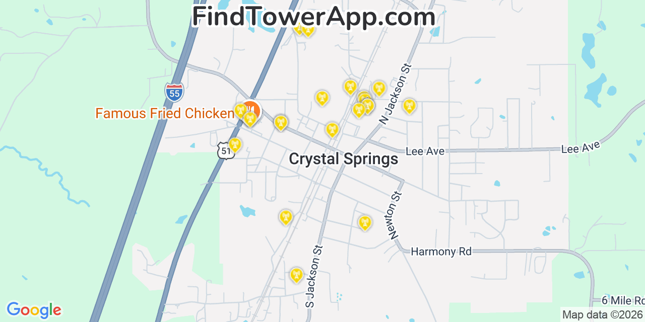 Map showing the 20 primary cell tower locations detected in Crystal Springs, Mississippi from AT&T, Verizon, and T-Mobile networks