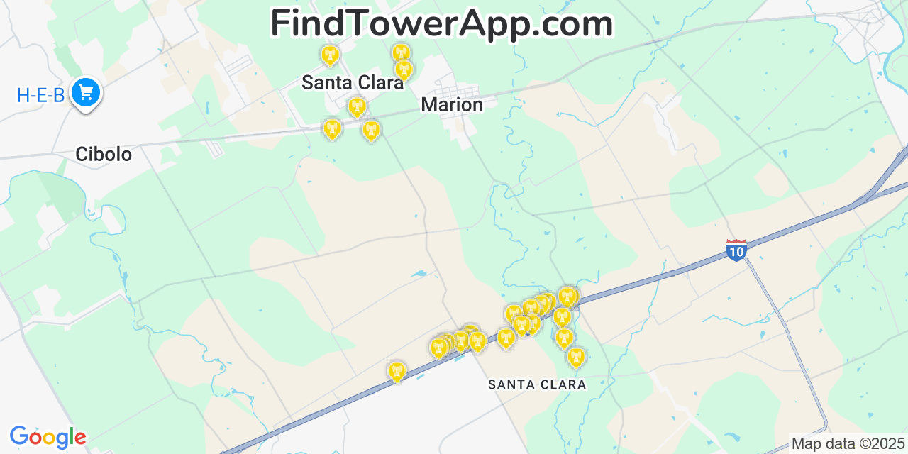 Map showing the 26 primary AT&T cell tower locations detected in Csar Chvez, Texas with coverage radius and signal strength indicators
