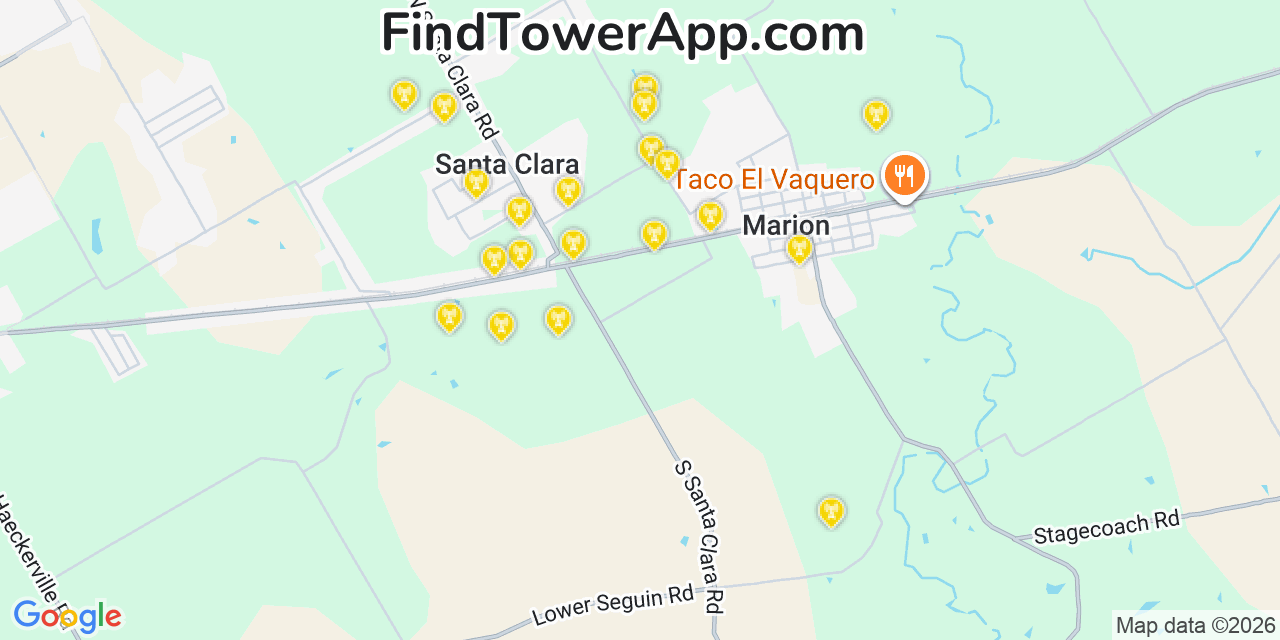 Map showing the 20 primary cell tower locations detected in Csar Chvez, Texas from AT&T, Verizon, and T-Mobile networks