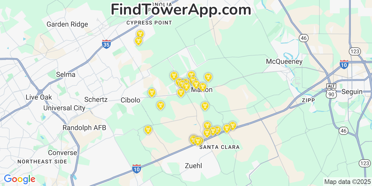 Map showing the 27 primary T-Mobile cell tower locations detected in Csar Chvez, Texas with coverage radius and signal strength indicators