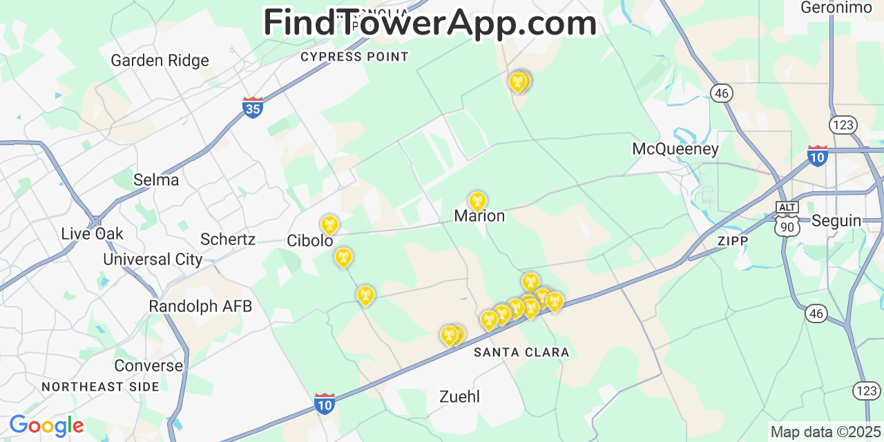 Map showing the 20 primary Verizon cell tower locations detected in Csar Chvez, Texas with coverage radius and signal strength indicators