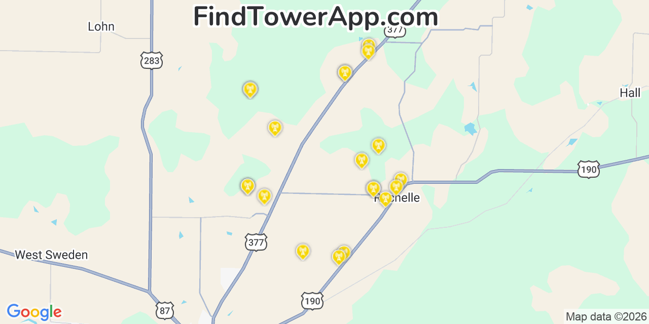 Map showing the 20 primary cell tower locations detected in CﾃｩSar Chﾃ｡Vez, Texas from AT&T, Verizon, and T-Mobile networks