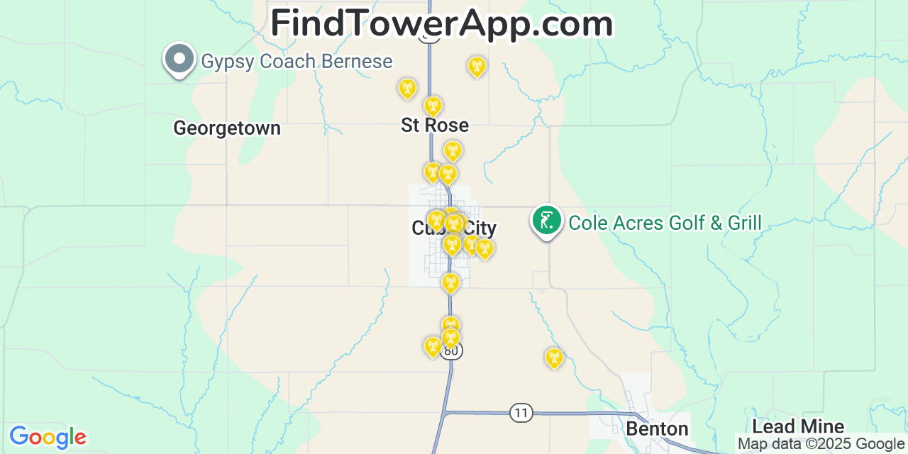 Map showing the 20 primary cell tower locations detected in Cuba City, Wisconsin from AT&T, Verizon, and T-Mobile networks