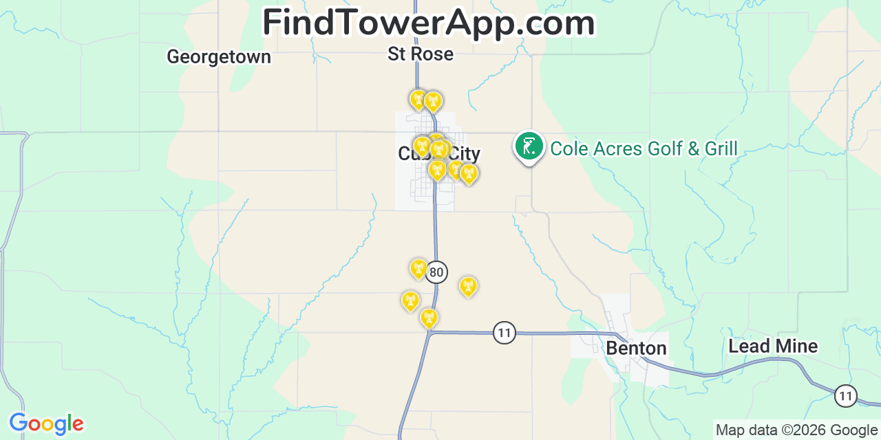 Map showing the 20 primary cell tower locations detected in Cuba City, Wisconsin from AT&T, Verizon, and T-Mobile networks