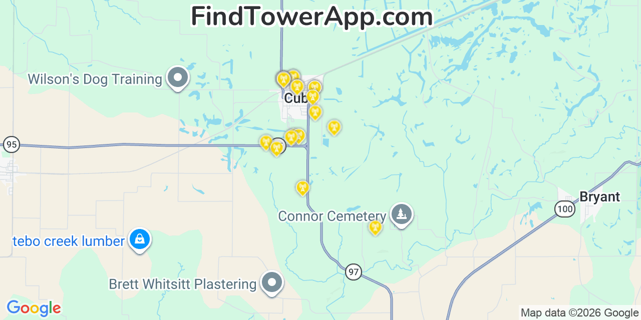 Map showing the 20 primary cell tower locations detected in Cuba, Illinois from AT&T, Verizon, and T-Mobile networks