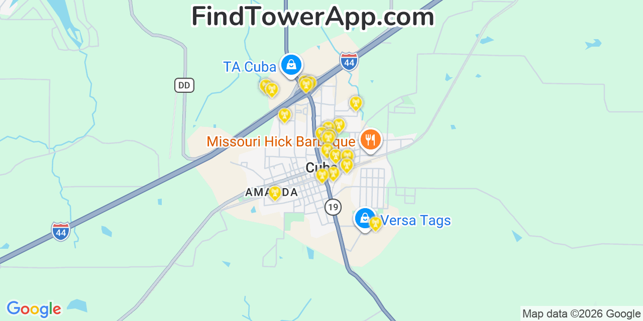 Map showing the 20 primary cell tower locations detected in Cuba, Missouri from AT&T, Verizon, and T-Mobile networks