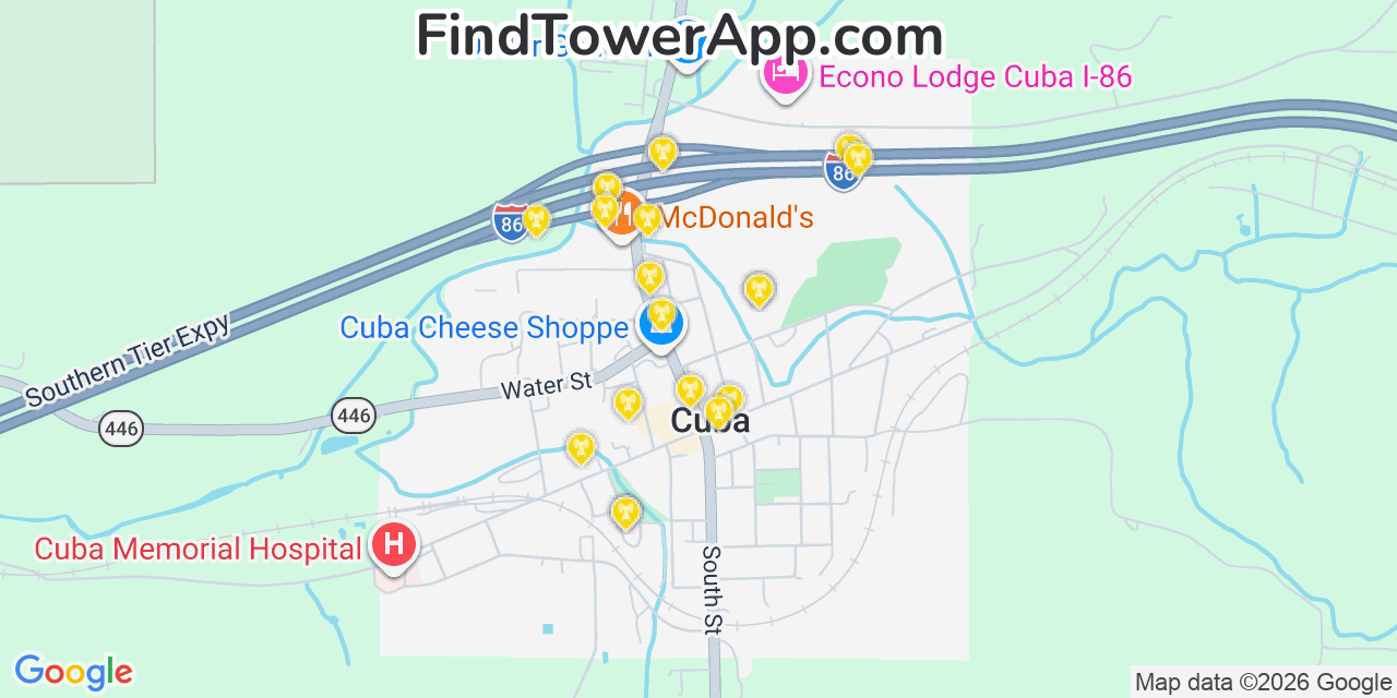 Map showing the 20 primary cell tower locations detected in Cuba, New York from AT&T, Verizon, and T-Mobile networks