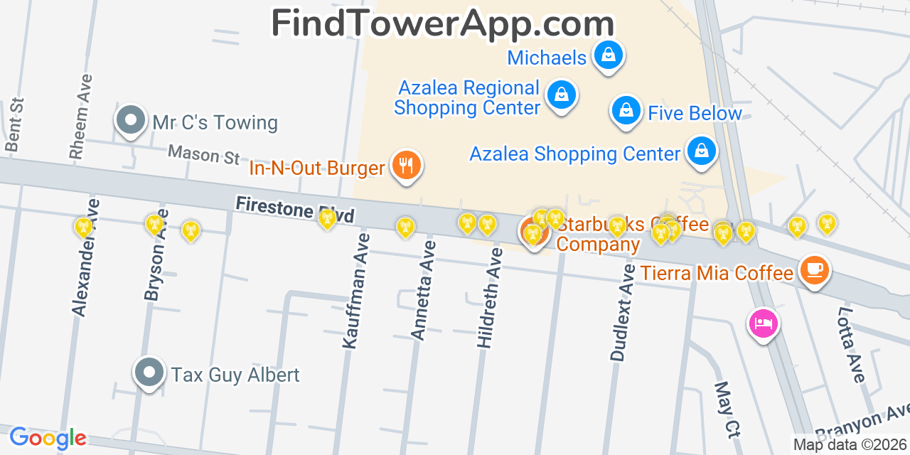 Map showing the 20 primary cell tower locations detected in Cudahy, California from AT&T, Verizon, and T-Mobile networks