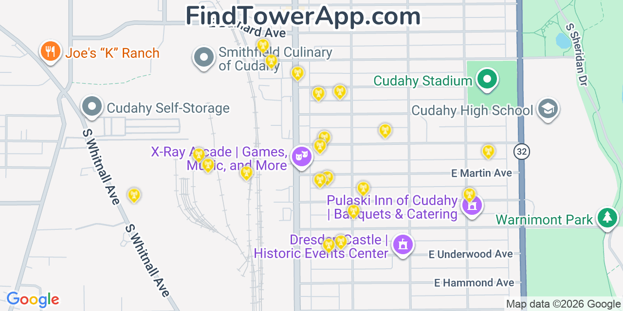 Map showing the 20 primary cell tower locations detected in Cudahy, Wisconsin from AT&T, Verizon, and T-Mobile networks